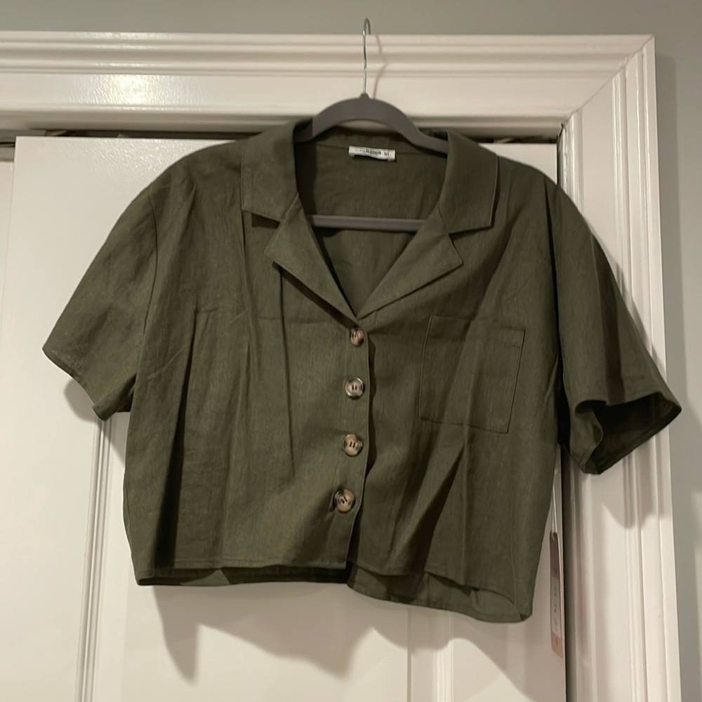 Olive Green Cropped Button Up Shirt